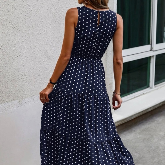 Shein Sleveless Ruffle Hem Navy Blue Polka Dot Dress - Picture 2 of 7